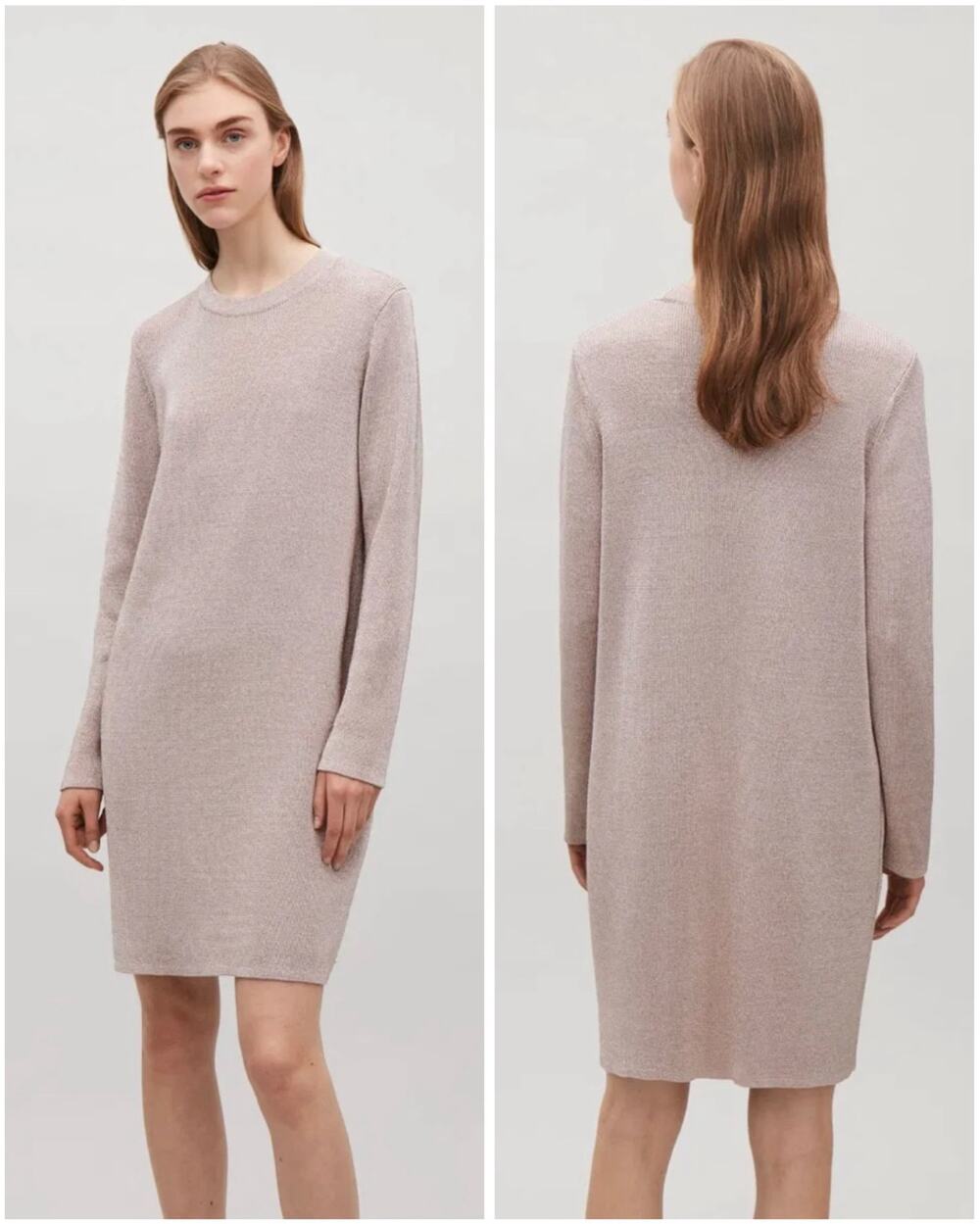 COS Knitted Metallic Shimmer Sparkle Long Sleeve Shift Mini Gold Party Dress XS